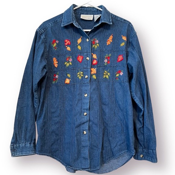 Embroidered FALL Autumn Leaves Casey & Max Cotton DENIM Button Up Shirt Blouse M - Picture 1 of 9